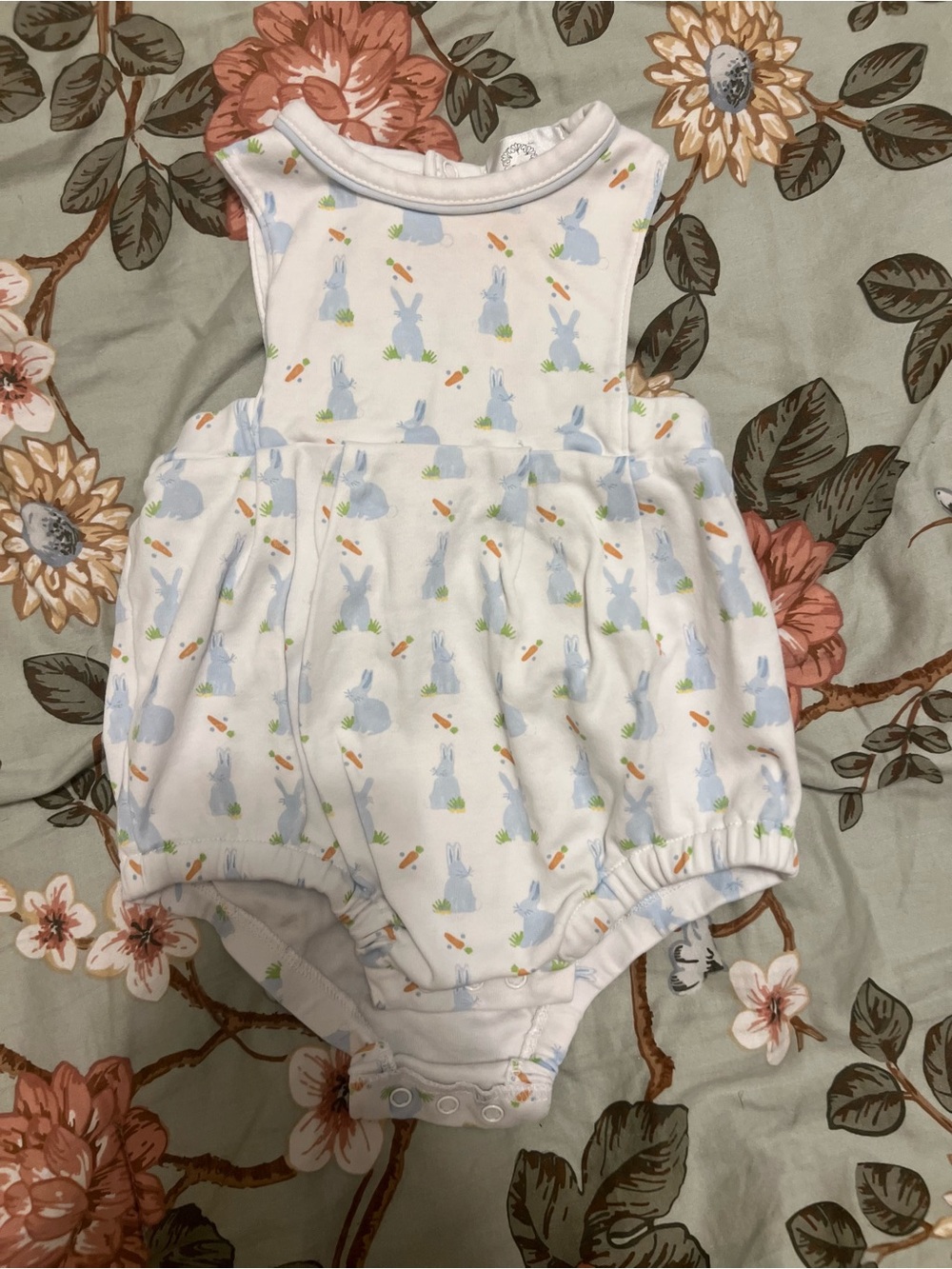 The Proper Peony White Baby Romper with Blue Bunny & Carrot Print